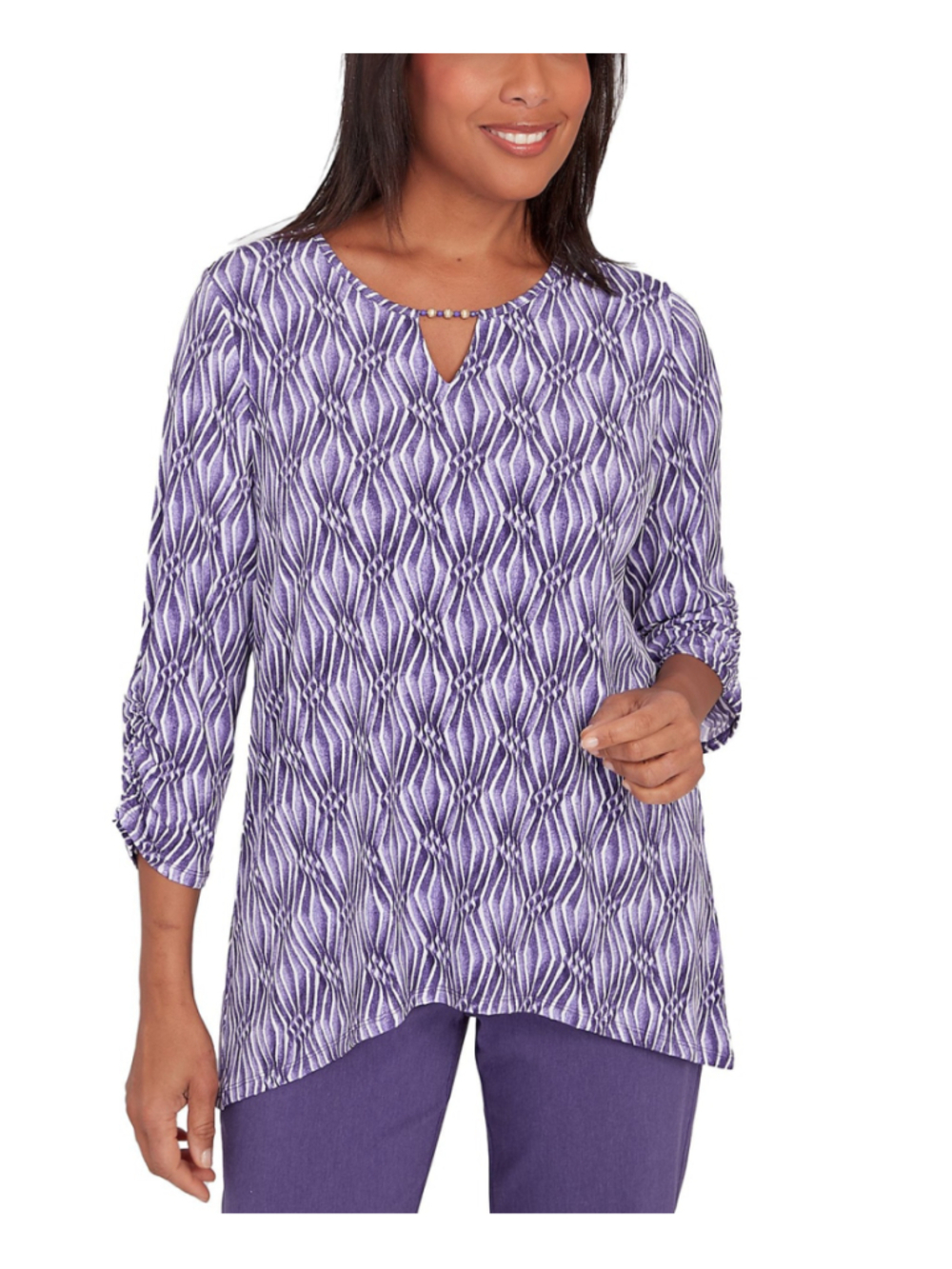 Alfred Dunner Medium Petite Purple & White Diamond Print Top / Blouse NWT